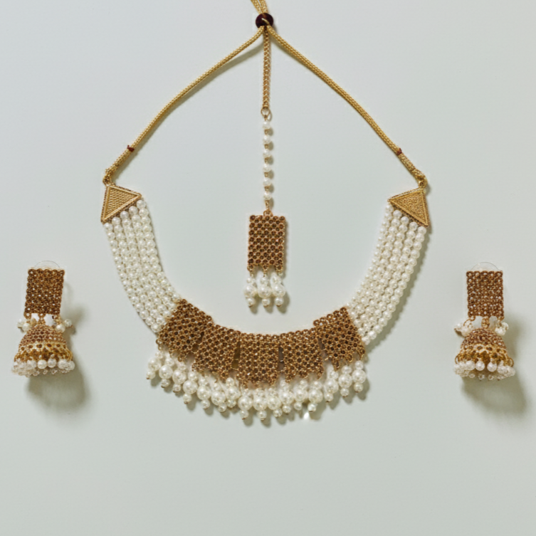 Artificial Pearl Choker Necklace Set with Jhumka Earrings and Maang Tikka