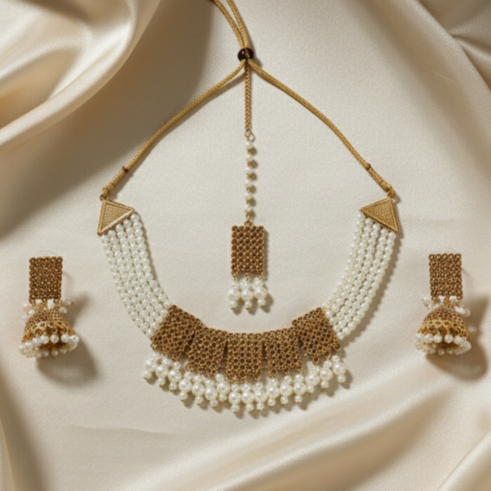 Artificial Pearl Choker Necklace Set with Jhumka Earrings and Maang Tikka