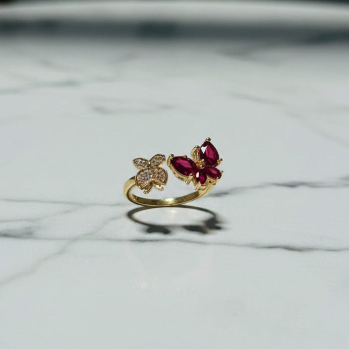 Beautiful Butterfly Ring with Red & White Gemstones