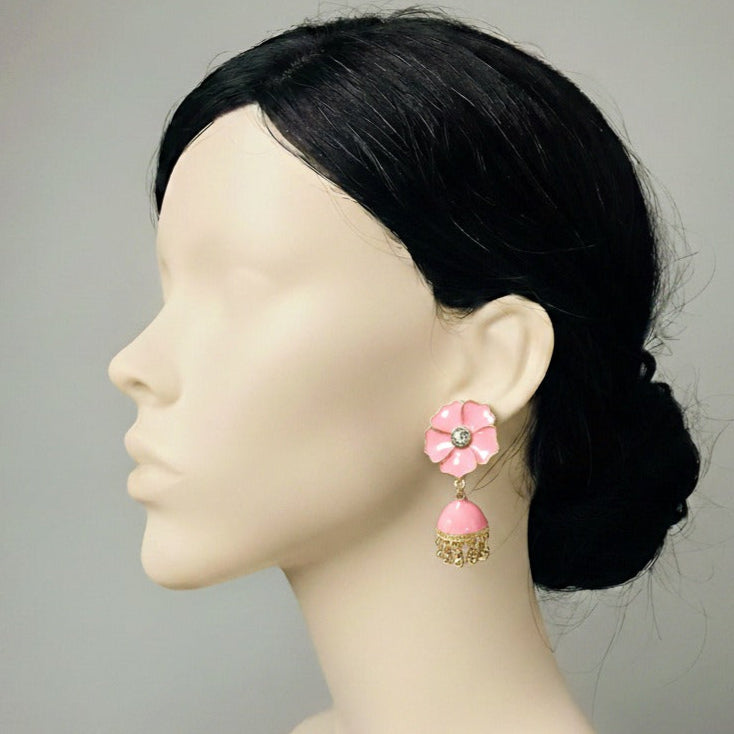 Blush Pink Enamel Floral Jhumka Earrings