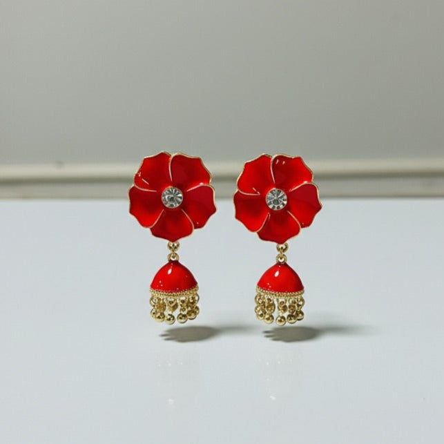 Crimson Enamel Floral Jhumka Earrings