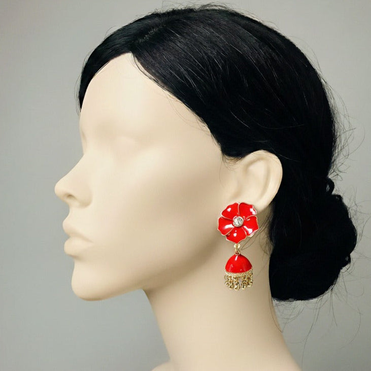 Crimson Enamel Floral Jhumka Earrings