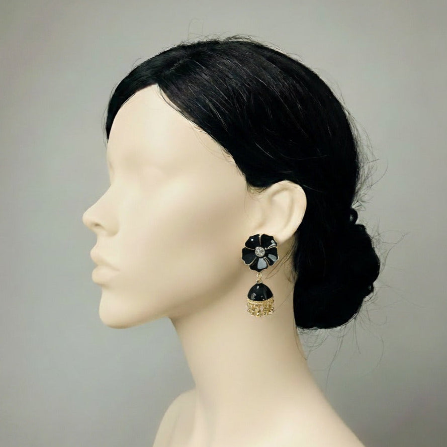 Gold and Black Enamel Floral Jhumka Earrings