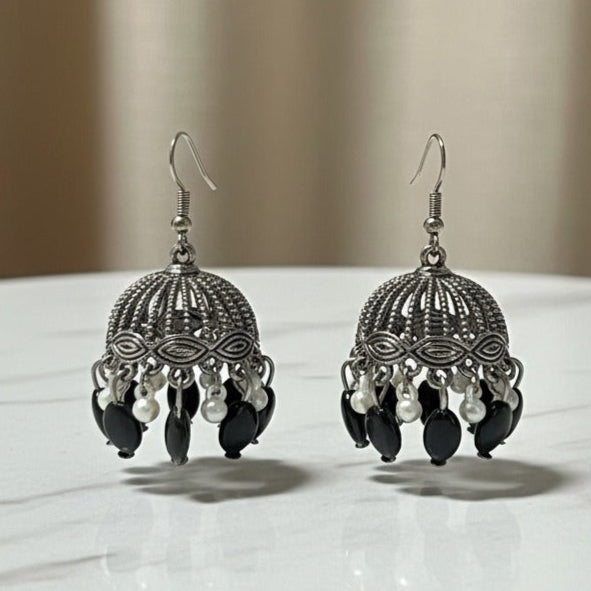 Pair of Ornate Earrings with Black & Pearl Accents