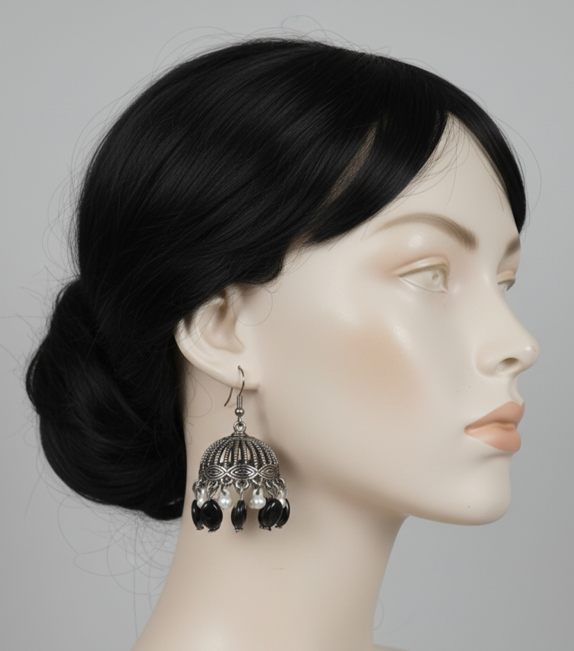 Pair of Ornate Earrings with Black & Pearl Accents