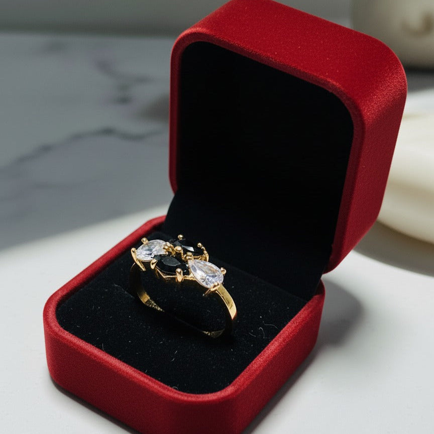 Premium Ring with Central Black Gemstone & Two Clear Stones