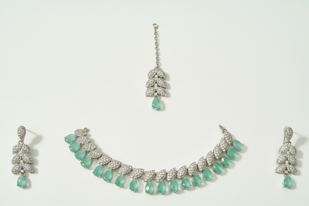 Silver-Toned Mint Green Stone & CZ Festive Jewelry Set with Maang Tikka