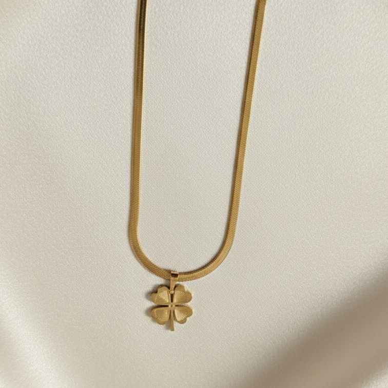 Textured Clover Charm Gold Snake Chain Necklace
