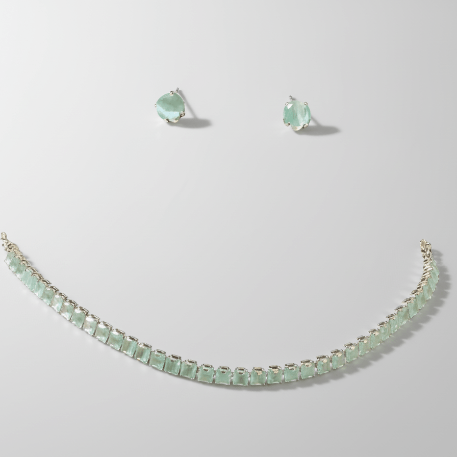 Delicate Mint Green Stone Silver - Tone Tennis Necklace and Stud Earring Set - Stainless steel & Tarnish Free by Zehnoor | Necklace Set