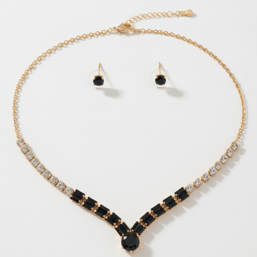 Elegant Black and Clear Rhinestone Choker Necklace Set with Stud Earrings - Stainless steel & Tarnish Free by Zehnoor | Necklace Set