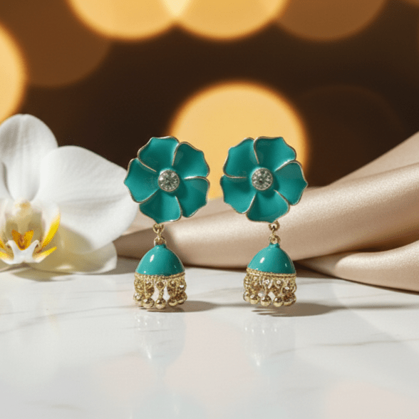 Elegant Enamel Flower Jhumka Earrings - Stainless steel by Zehnoor | Earrings