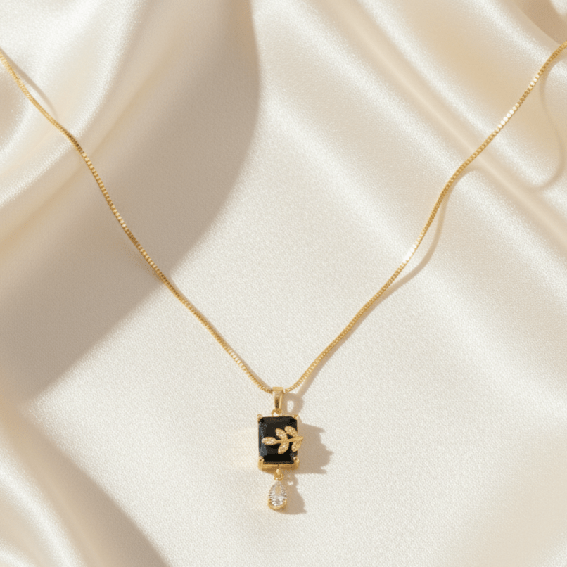 Elegant Pendant Necklace with Black Onyx and Leaf Detail - Stainless steel & Tarnish Free by Zehnoor | Necklace Set