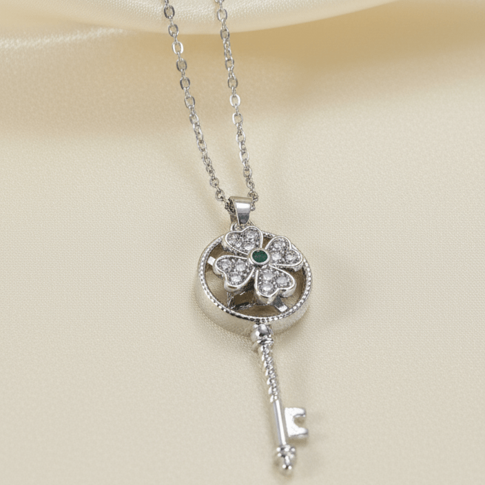 Emerald & Cubic Zirconia Four - Leaf Clover Key Necklace - Stainless steel & Tarnish Free by Zehnoor | Locket