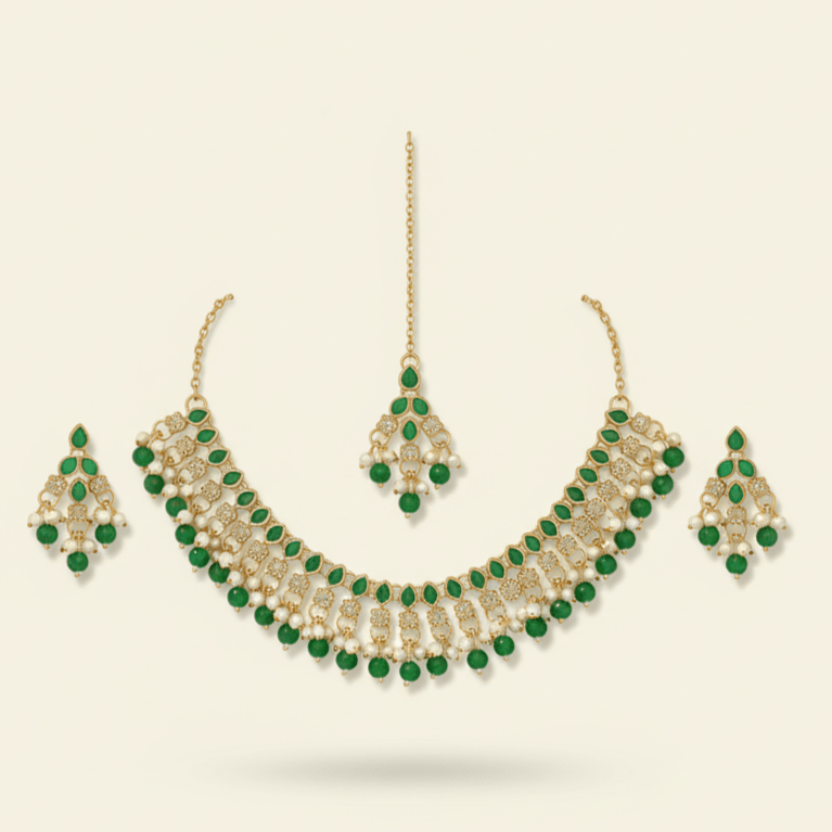 Emerald Green Stone & Pearl Festive Jewelry Set with Maang Tikka - Stainless steel by Zehnoor | Necklace Set