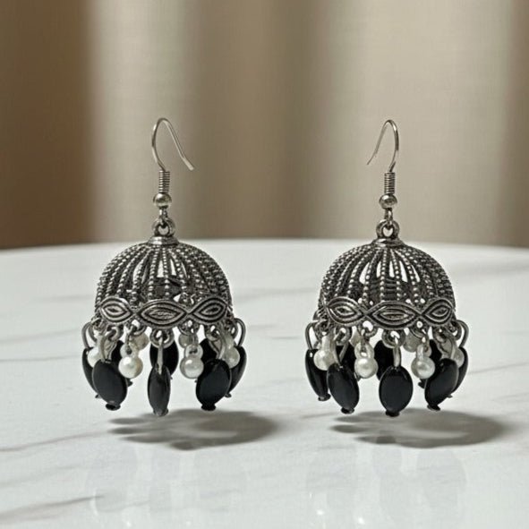 Pair of Ornate Earrings with Black & Pearl Accents - Stainless steel by Zehnoor | Earrings