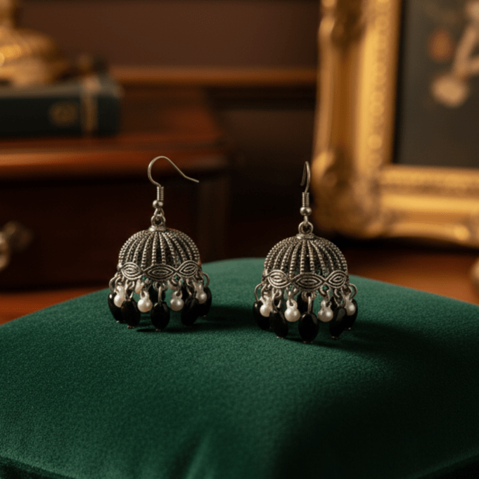 Pair of Ornate Earrings with Black & Pearl Accents - Stainless steel by Zehnoor | Earrings