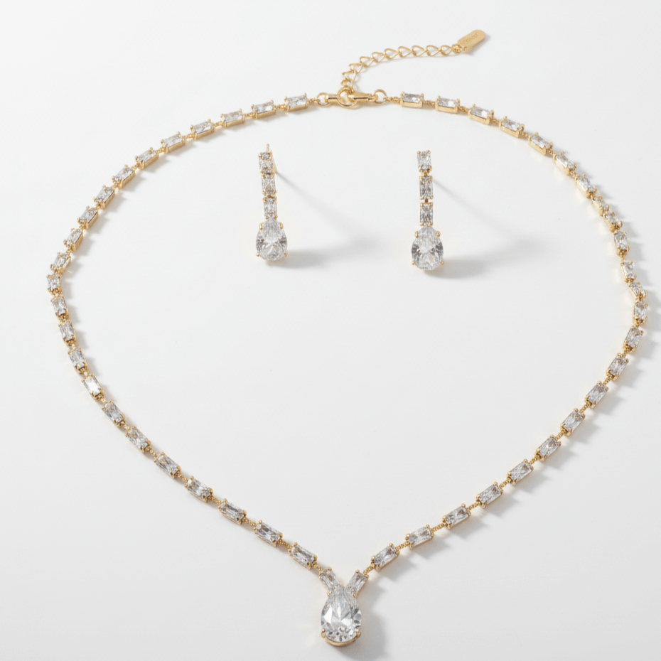 Pear & Baguette Crystal Necklace & Earring Set - Stainless steel & Tarnish Free by Zehnoor | Necklace Set