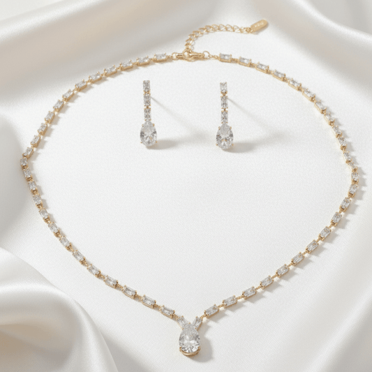 Pear & Baguette Crystal Necklace & Earring Set - Stainless steel & Tarnish Free by Zehnoor | Necklace Set