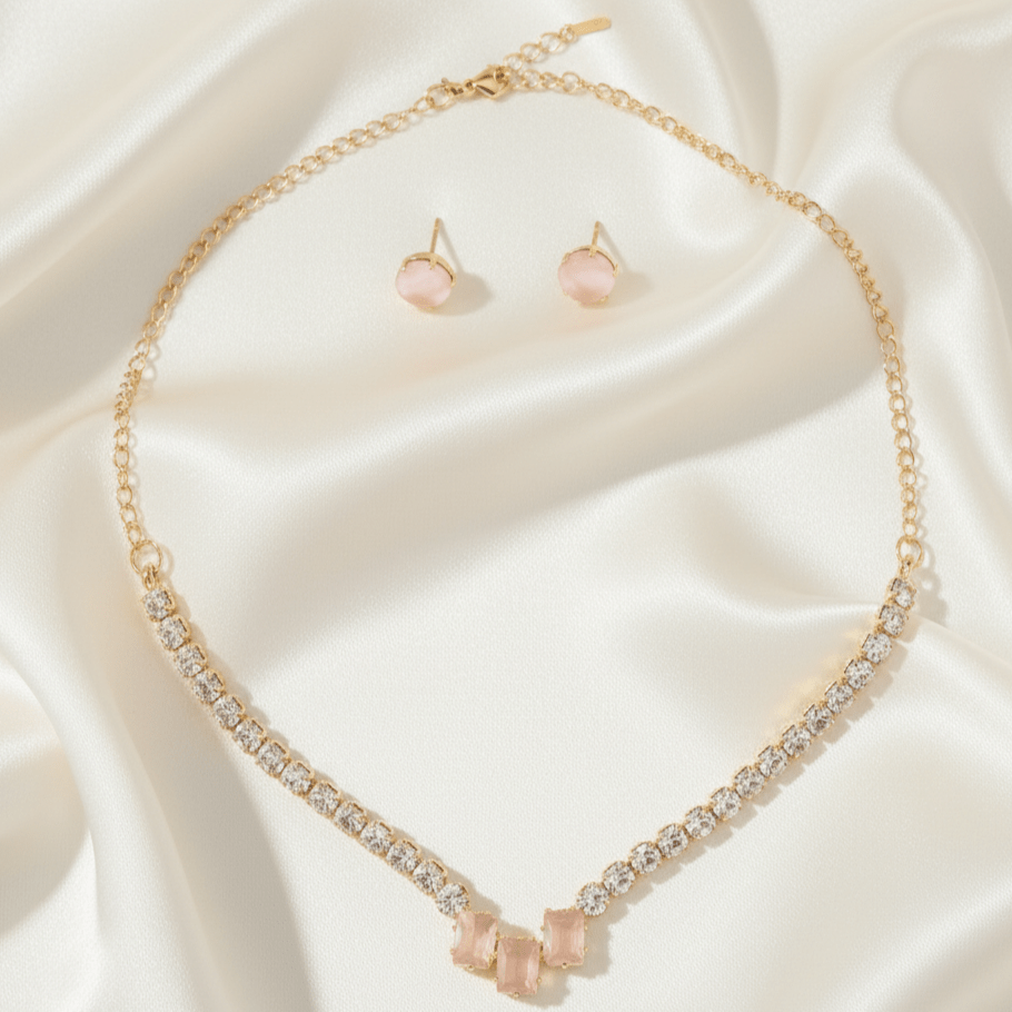 Rose Quartz & Dainty Necklace & Earring Set - Stainless steel & Tarnish Free by Zehnoor | Necklace Set