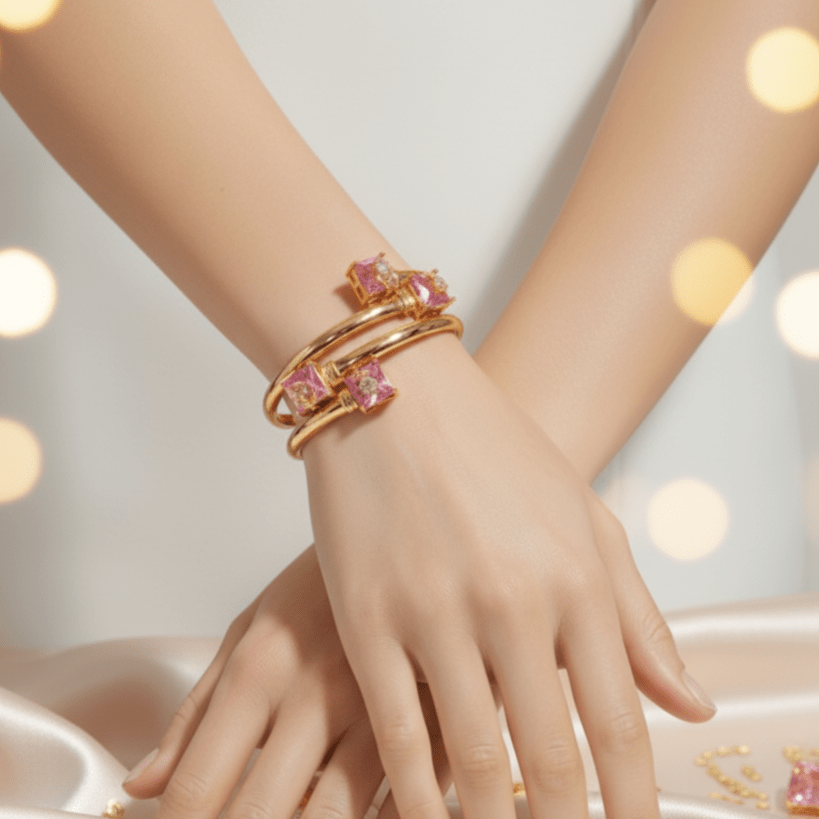 Rose Quartz & Twist Bangle Bracelet - Stainless steel by Zehnoor | Bangles