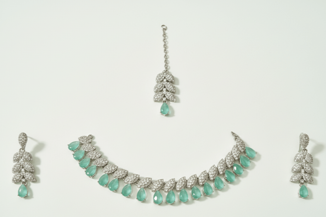 Silver - Toned Mint Green Stone & CZ Festive Jewelry Set with Maang Tikka - Stainless steel by Zehnoor | Necklace Set