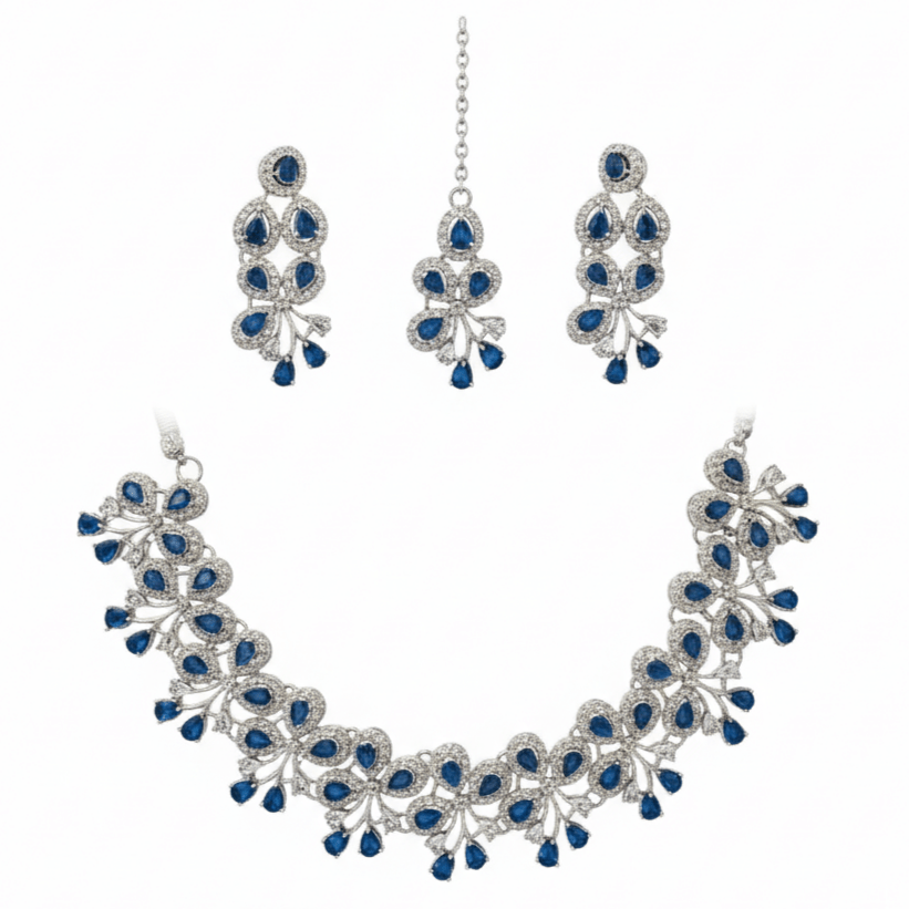 Silver - Toned Royal Blue Stone Bridal/Festive Jewelry Set with Maang Tikka - Stainless steel by Zehnoor | Necklace Set