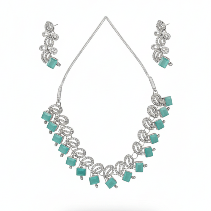 Toned Teal Gemstone Necklace & Earring Set - Stainless steel by Zehnoor | Necklace Set