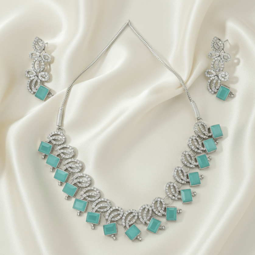 Toned Teal Gemstone Necklace & Earring Set - Stainless steel by Zehnoor | Necklace Set