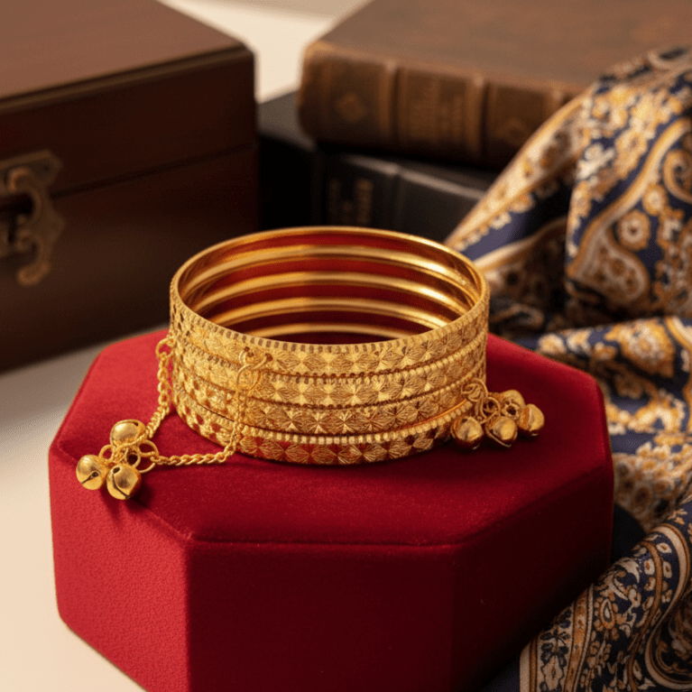 4 Artificial Gold Colour Bangle Set with Bell Charms - Stainless steel by Zehnoor | Bangles