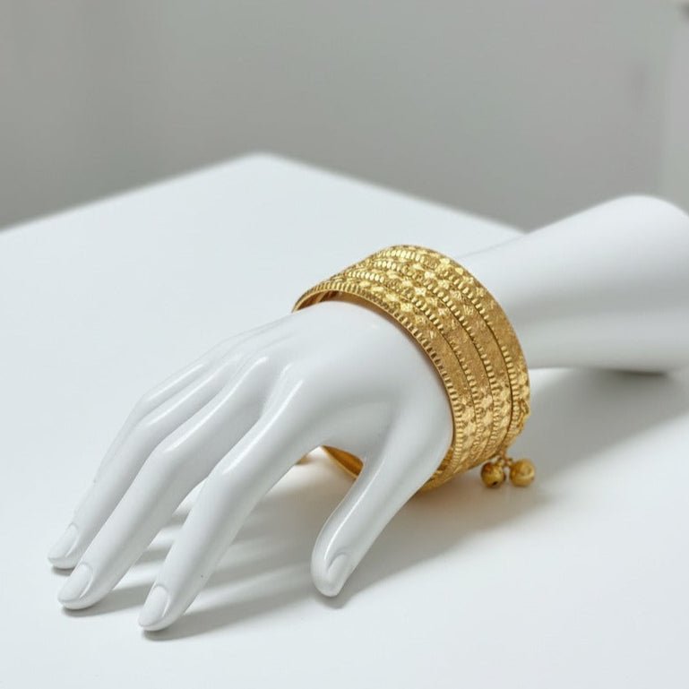 4 Artificial Gold Colour Bangle Set with Bell Charms - Stainless steel by Zehnoor | Bangles