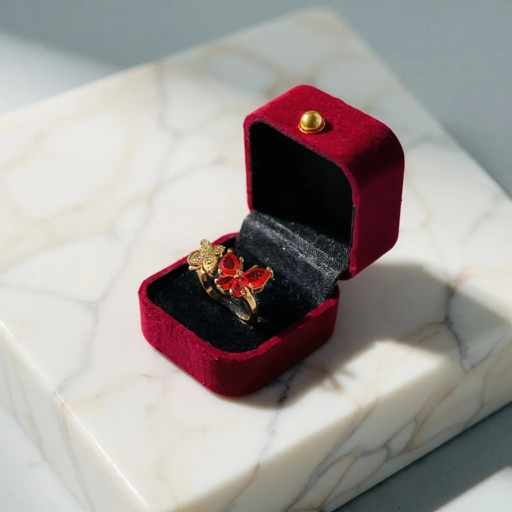 Beautiful Butterfly Ring with Red & White Gemstones with box