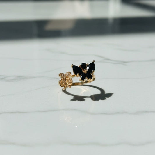 Black Butterfly Design Ring with Gold Color