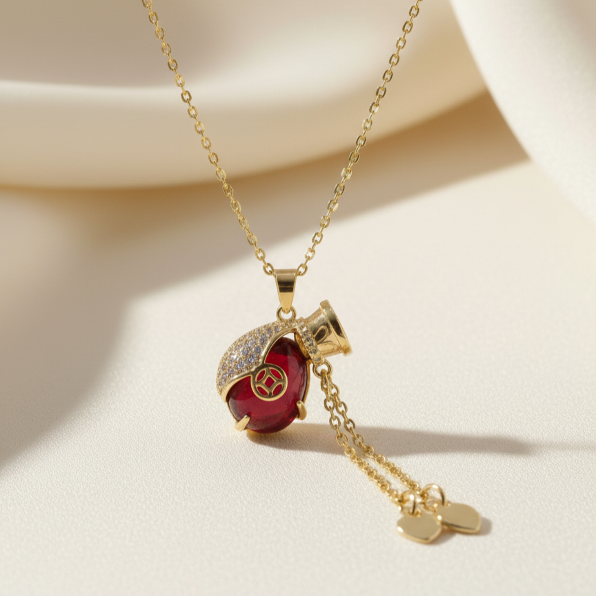 Chinese Inspired Ruby and Cubic Zirconia Gourd Necklace