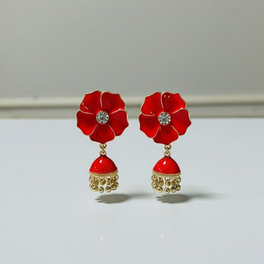 Crimson Enamel Floral Jhumka Earrings