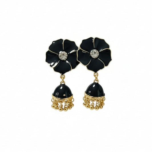 Gold and Black Enamel Floral Jhumka Earrings
