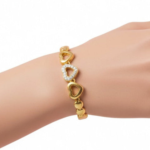 Golden Heart Chain Bracelet with Paved Cubic Zirconia