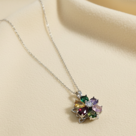 Multi-Color Gemstone Flower Pendant Necklace
