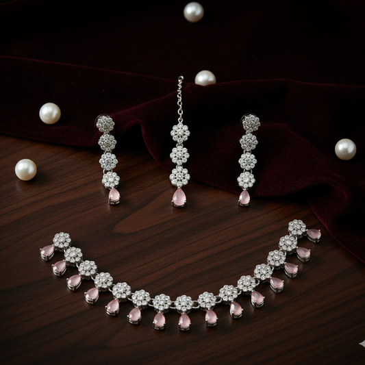 Necklace and earrings set with pink stones