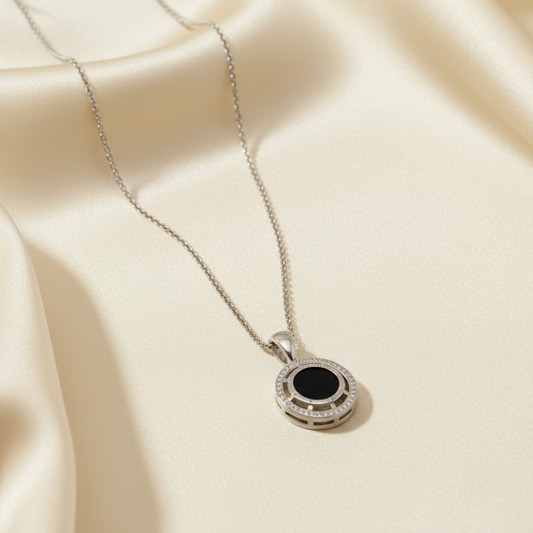 Onyx and Pave Halo Pendant Necklace
