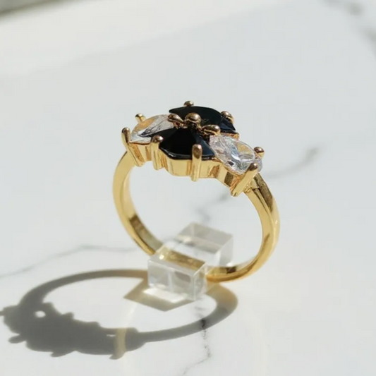 Premium Ring with Central Black Gemstone & Two Clear Stones
