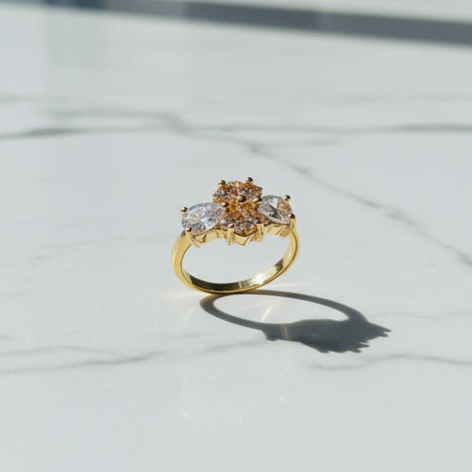 Premium ring with two diamonds and smaller stones on a reflective surface