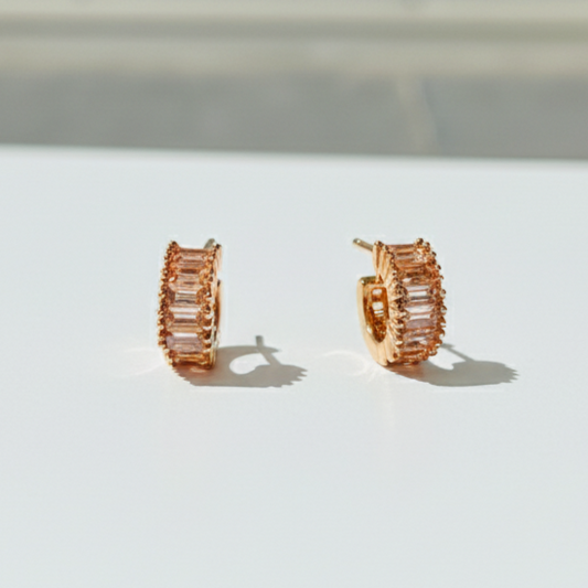 Sparkling Rose Gold Baguette Huggie Hoops