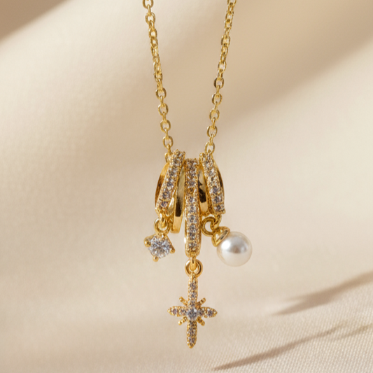 Star and Pearl Drop Charm Necklace