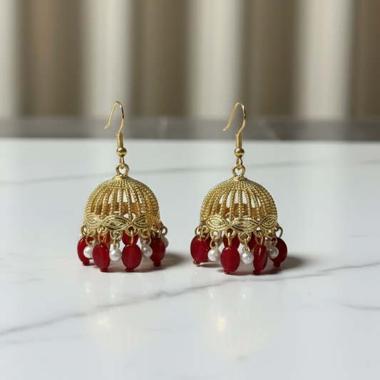 Traditional Dome Jhumka Earrings with Red & Pearl Beads