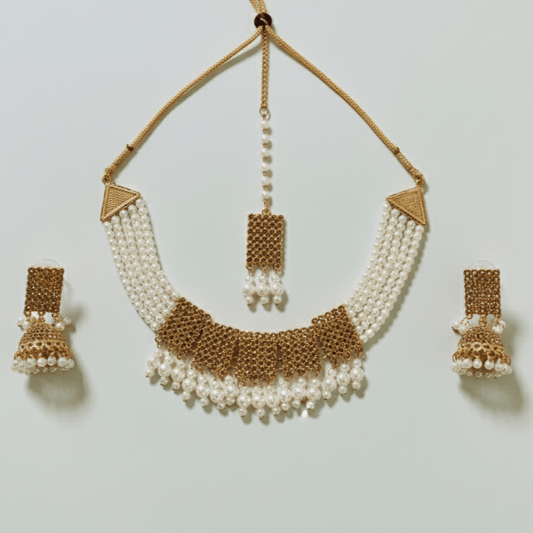 Artificial Pearl Choker Necklace Set with Jhumka Earrings and Maang Tikka - Stainless steel & Tarnish Free by Zehnoor | Necklace Set