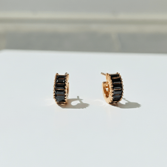 Chic Black Onyx Baguette Huggie Hoops - Stainless steel by Zehnoor | Earrings