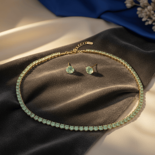 Delicate Mint Green Stone Silver - Tone Tennis Necklace and Stud Earring Set - Stainless steel & Tarnish Free by Zehnoor | Necklace Set