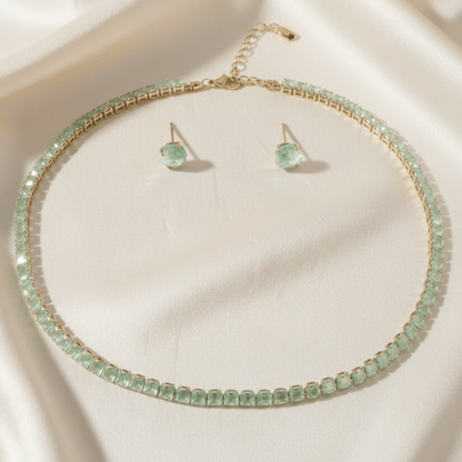 Delicate Mint Green Stone Silver - Tone Tennis Necklace and Stud Earring Set - Stainless steel & Tarnish Free by Zehnoor | Necklace Set
