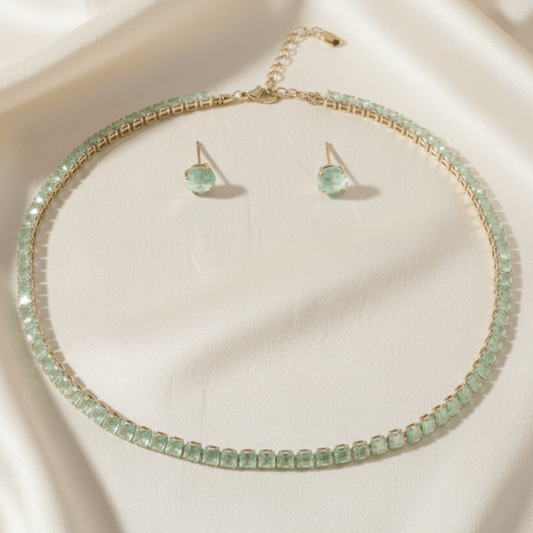Delicate Mint Green Stone Silver - Tone Tennis Necklace and Stud Earring Set - Stainless steel & Tarnish Free by Zehnoor | Necklace Set