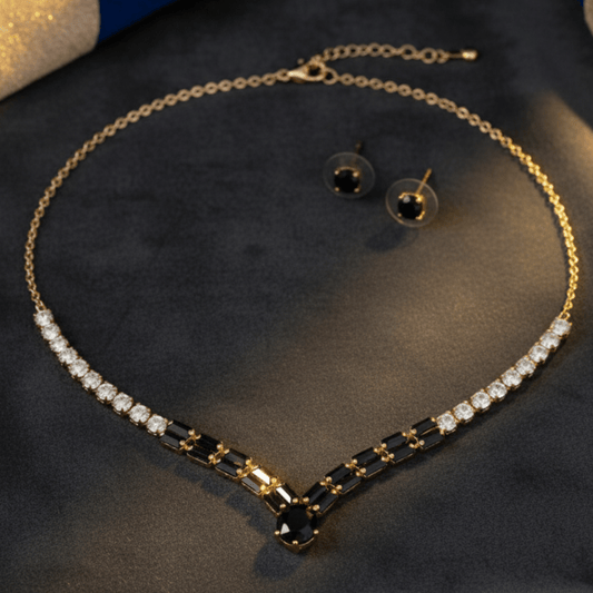 Elegant Black and Clear Rhinestone Choker Necklace Set with Stud Earrings - Stainless steel & Tarnish Free by Zehnoor | Necklace Set